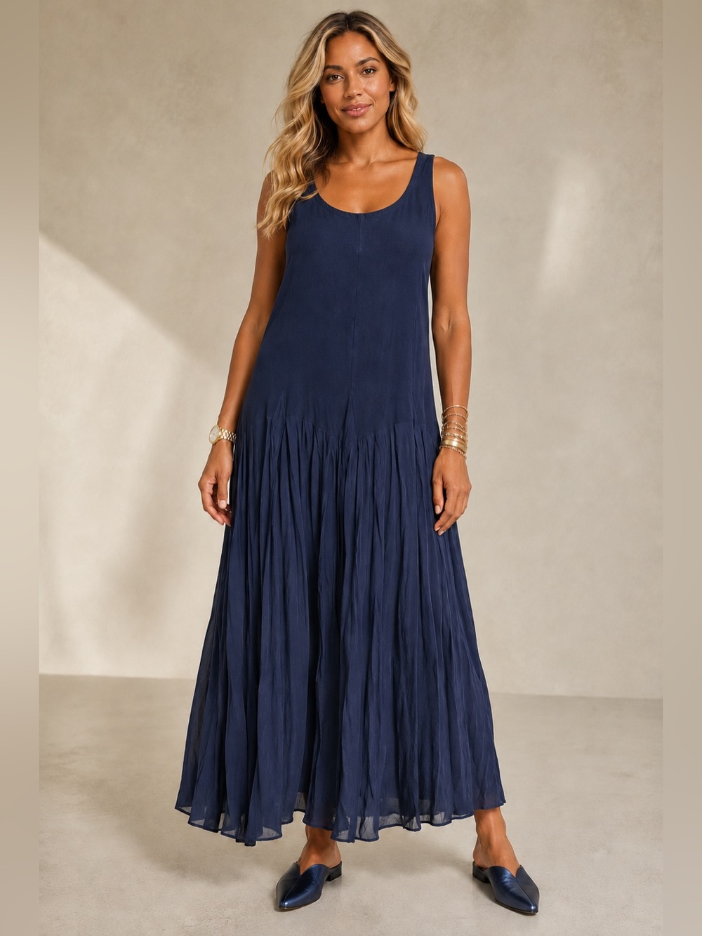 Kaktus Navy Blue Sleeveless Drop-Waist Midi Dress L